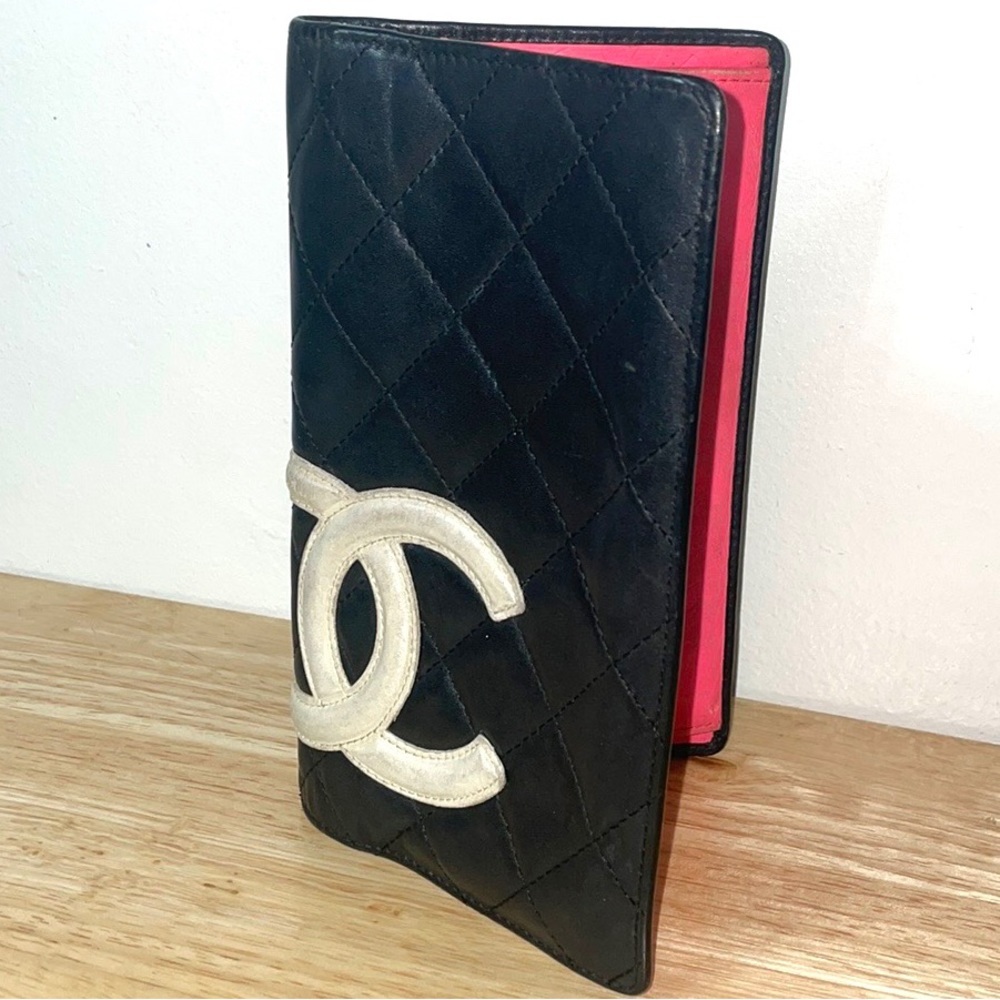 Authentic Chanel Cambon Lamb Leather Quilted Long Wallet Black White Cc Luxury
